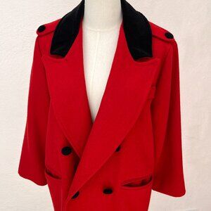 Vintage 80s Women's Red Wool Pea Coat Black Velvet Collar VTG Sz 12 Modern Sz 8